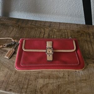 Coach Red Suede Wristlet with Tan Leather Trim